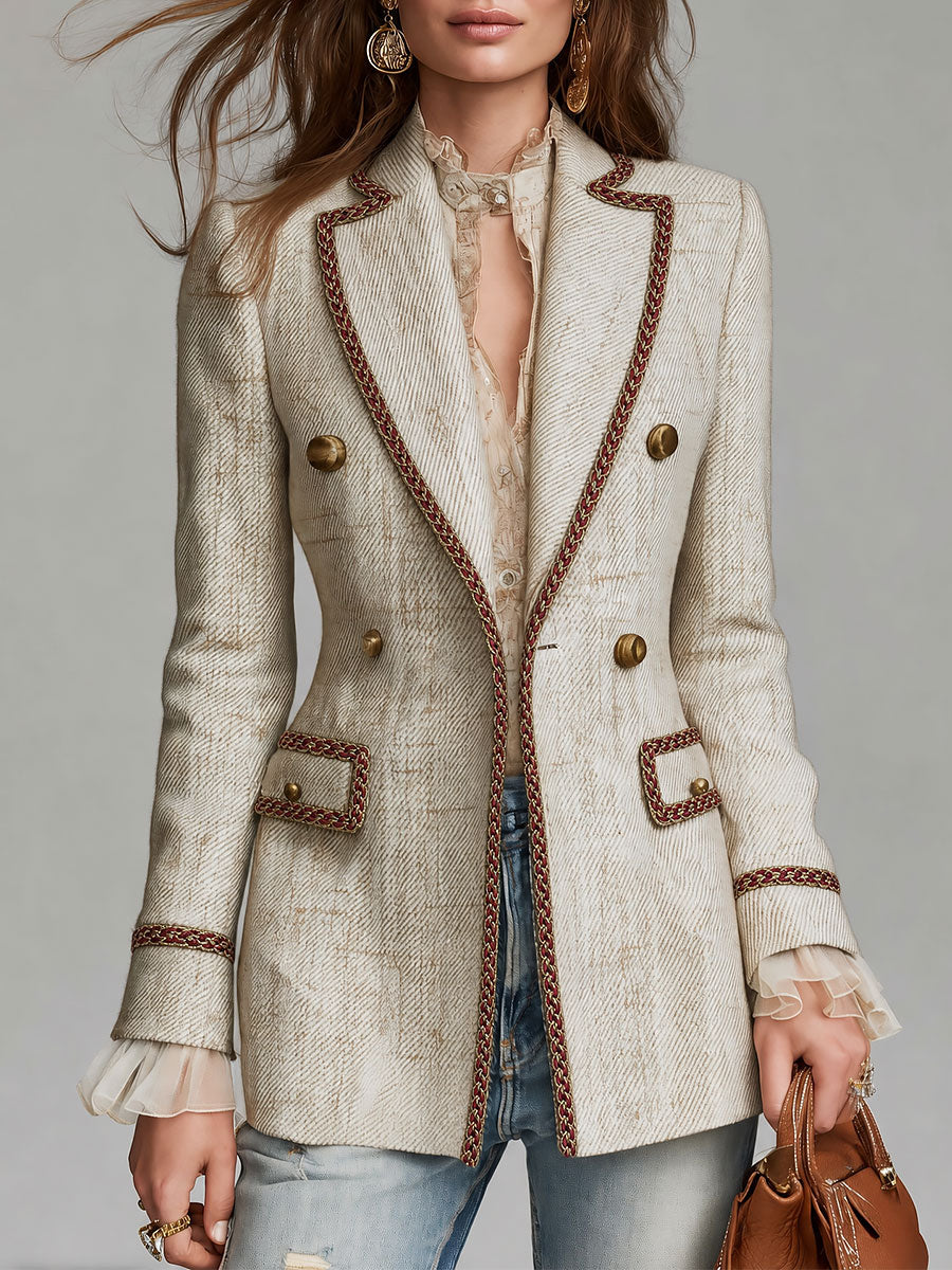 Quiet Luxury Double-Breasted Braided Trim Tweed Blazer