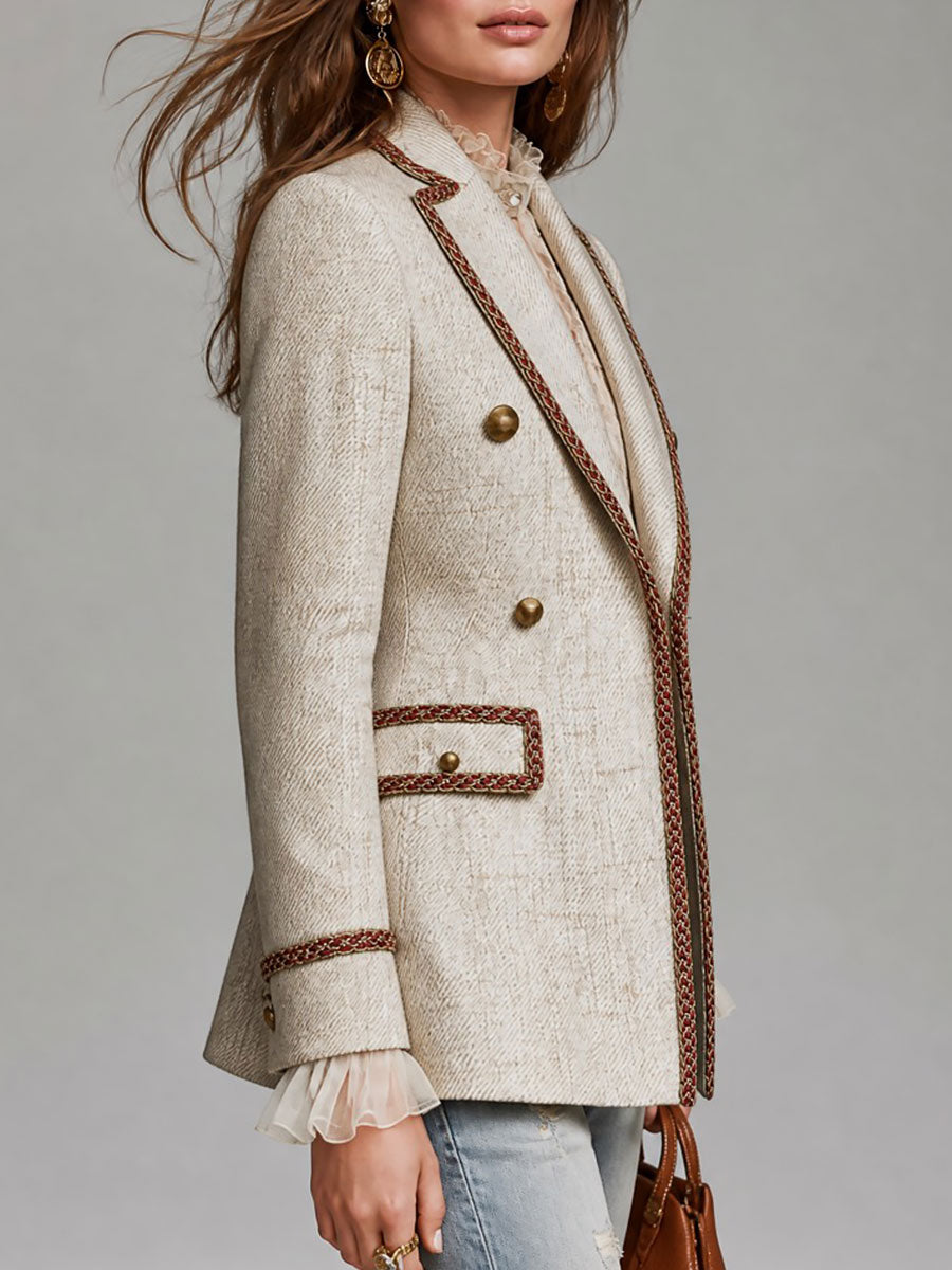 Quiet Luxury Double-Breasted Braided Trim Tweed Blazer