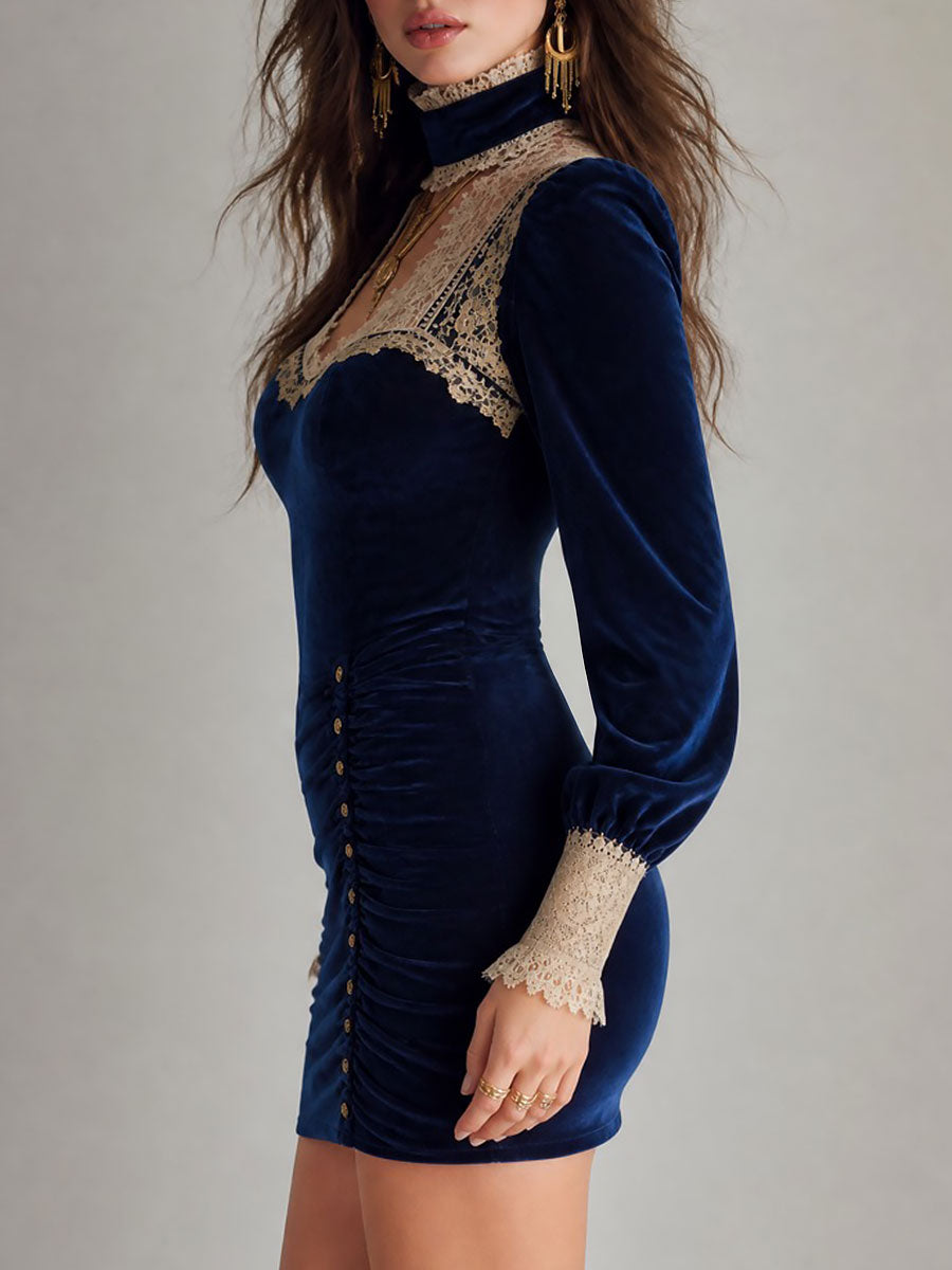 Elegant Velvet Sweetheart Neckline Long Sleeve Lace Trim Mini Dress