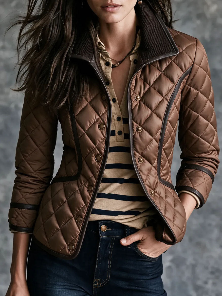 Vintage Quiet Luxury Diamond Quilted Jacket With Faux‑Leather Piping