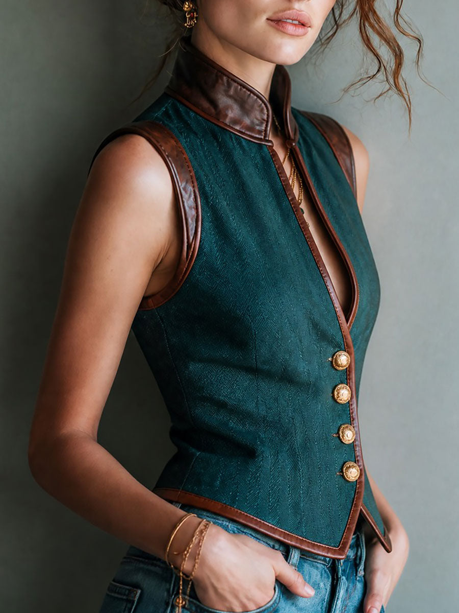 Retro Stand Collar Sleeveless Herringbone Pattern Vest With Faux Leather Trim