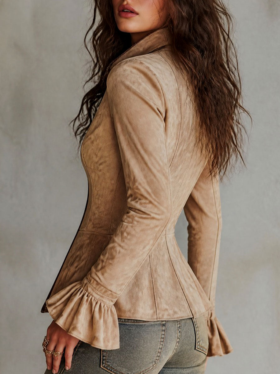 Boho Suede PU-trimmed Zip-Up Peplum Jacket With Ruffle Cuffs