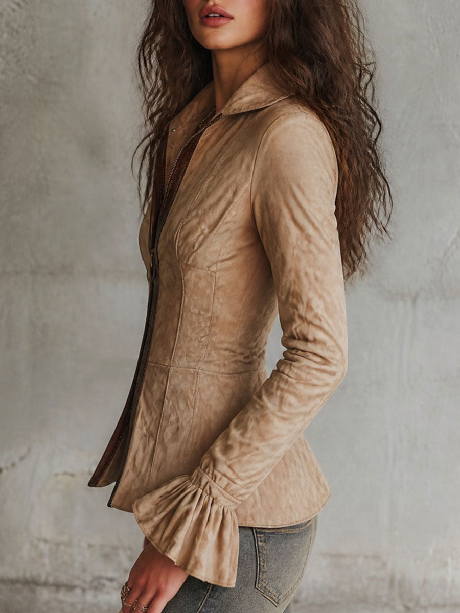 Boho Suede PU-trimmed Zip-Up Peplum Jacket With Ruffle Cuffs