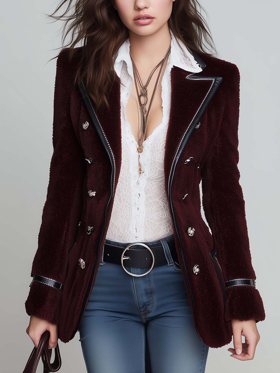 Women's Faux Leather Trim Double-Breasted Faux Fur Blazer