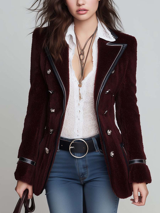 Women's Faux Leather Trim Double-Breasted Faux Fur Blazer