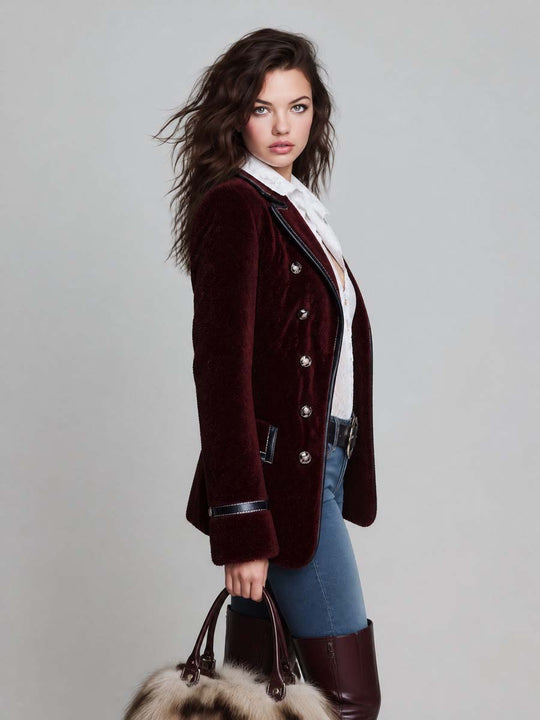 Women's Faux Leather Trim Double-Breasted Faux Fur Blazer