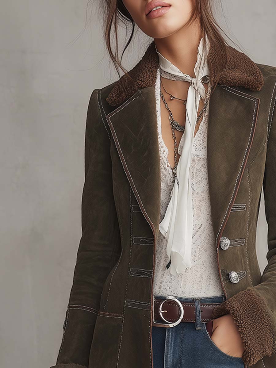 Vintage Faux Fur-collar Contrast Trim Polyester Suede Long Blazer
