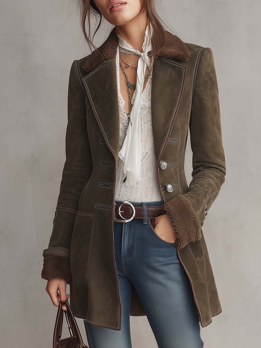 Vintage Faux Fur-collar Contrast Trim Polyester Suede Long Blazer