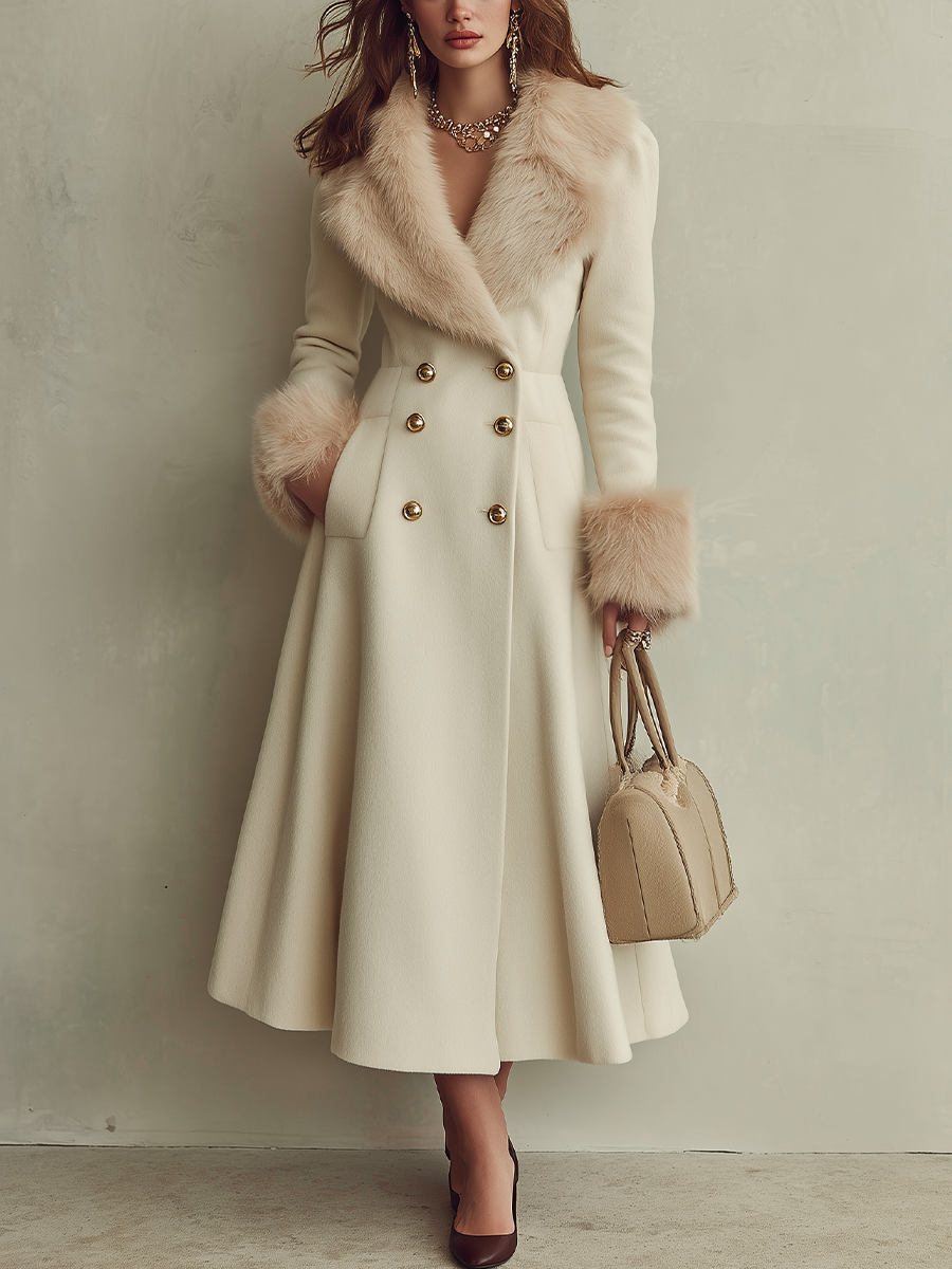Elegant Ivory Faux Fur Trim Double-Breasted Maxi Coat