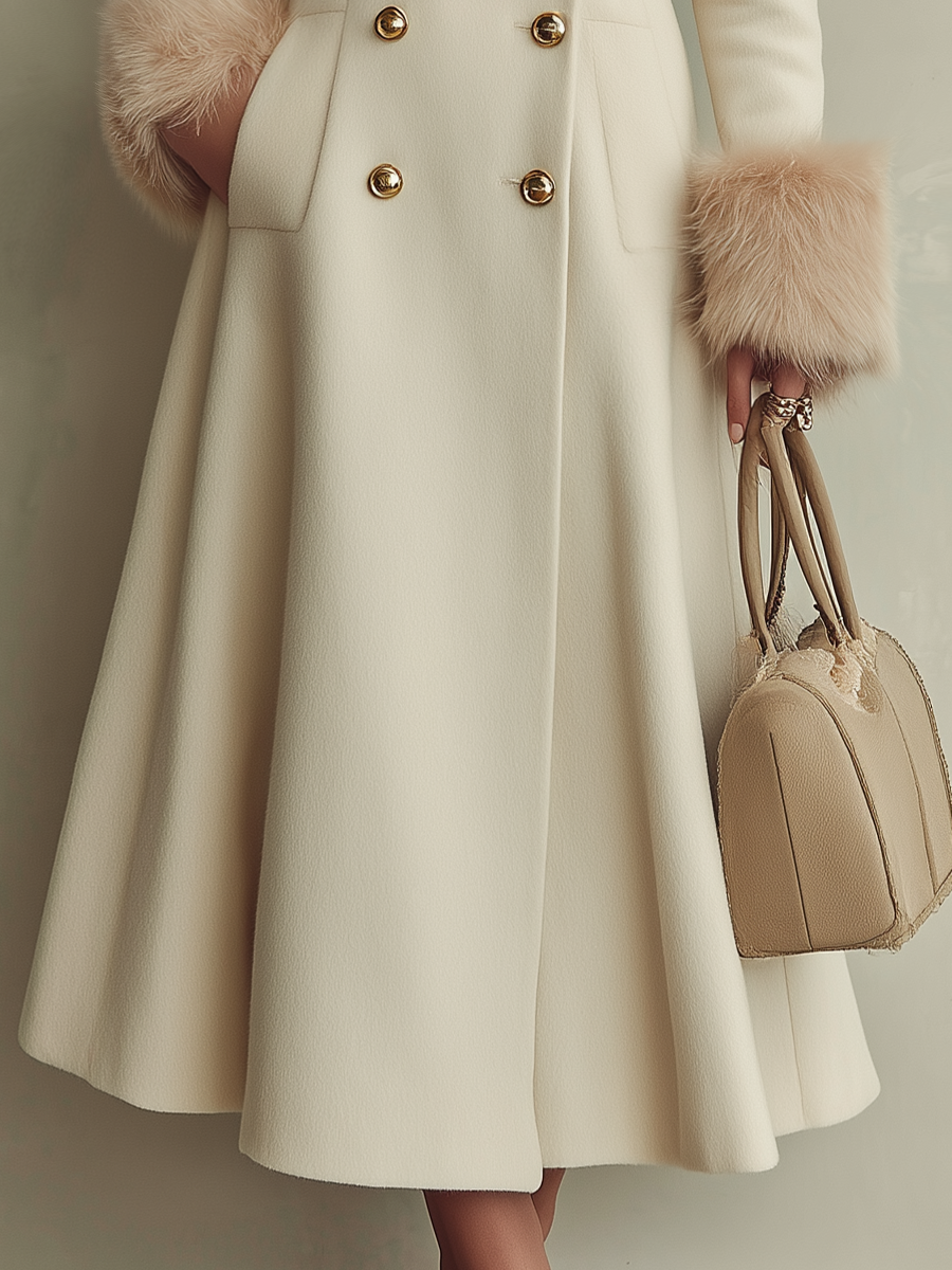 Elegant Ivory Faux Fur Trim Double-Breasted Maxi Coat