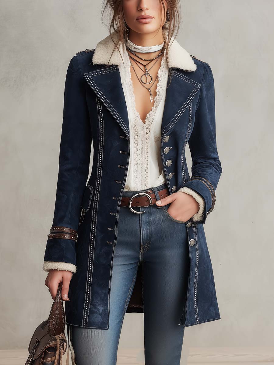 Vintage Contrast Trim Polyester Suede Coat