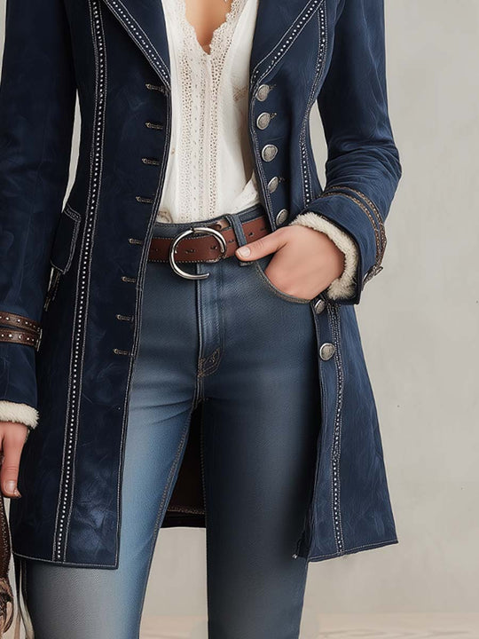 Vintage Contrast Trim Polyester Suede Coat
