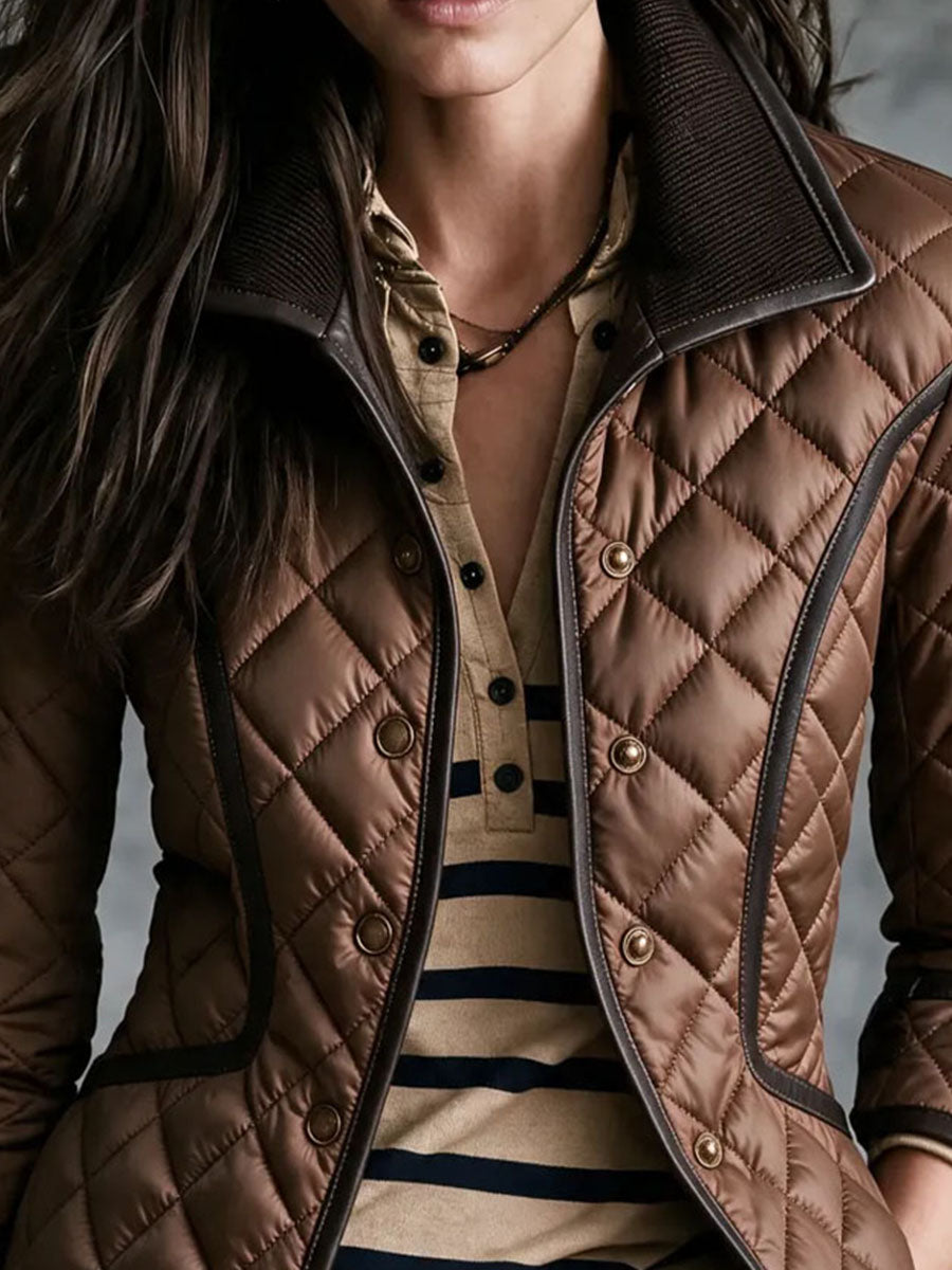 Vintage Quiet Luxury Diamond Quilted Jacket With Faux‑Leather Piping