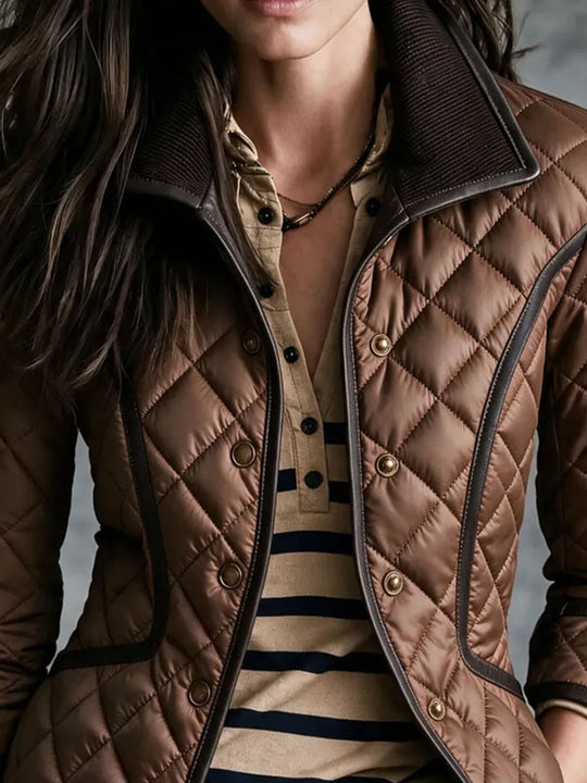 Vintage Quiet Luxury Diamond Quilted Jacket With Faux‑Leather Piping