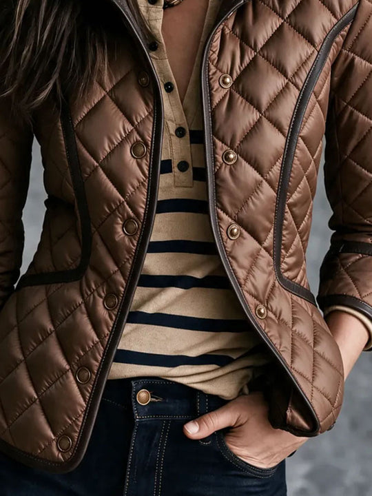 Vintage Quiet Luxury Diamond Quilted Jacket With Faux‑Leather Piping