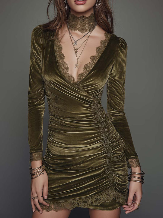 Elegant Velvet Wrap Mini Dress with Lace Trim Long Sleeve Ruched Bodycon