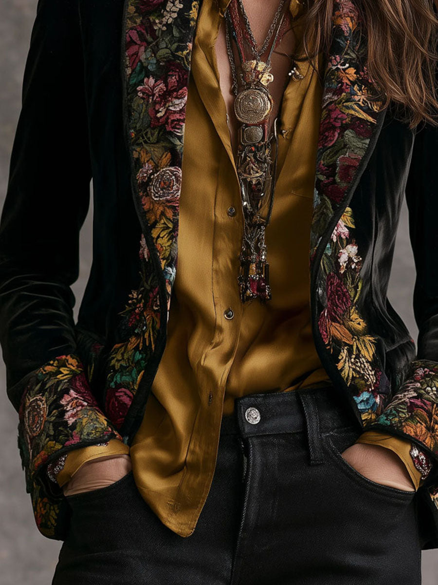 Boho Vintage Floral Print Velvet Tailored Jacket