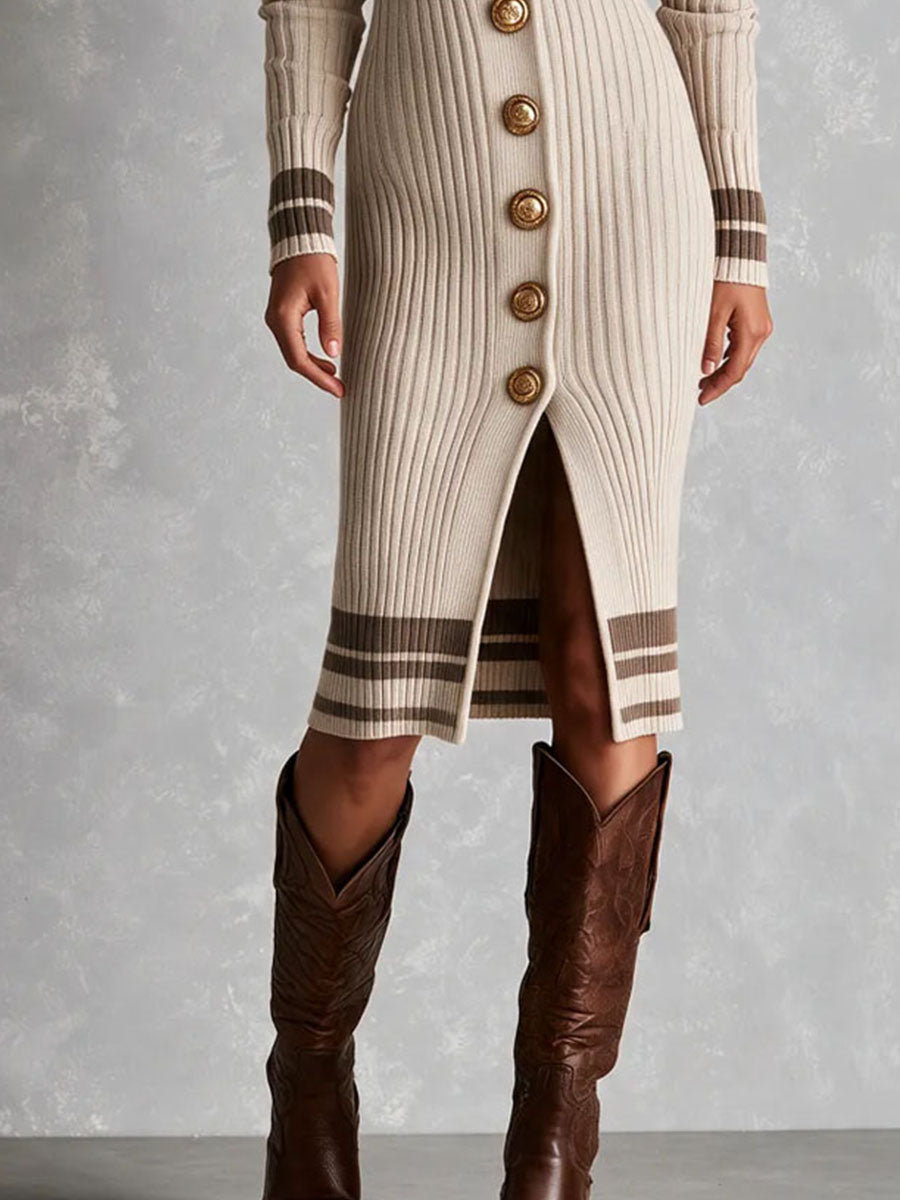 Boho Retro V‑Neck Striped Knit Midi Dress With Gold Buttons