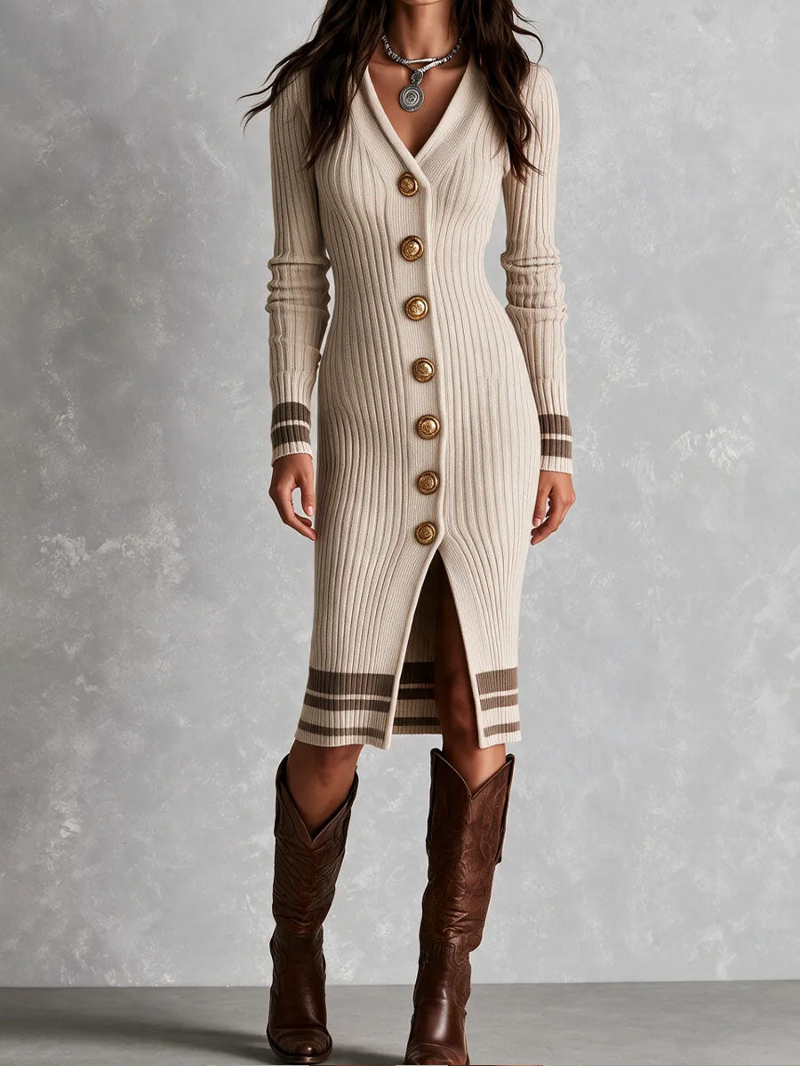 Boho Retro V‑Neck Striped Knit Midi Dress With Gold Buttons