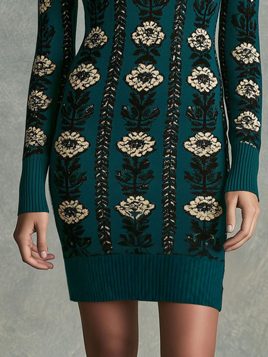 Boho Retro Mock Neck Teal Floral Jacquard Knit Dress With Keyhole