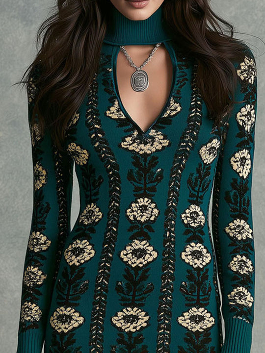 Boho Retro Mock Neck Teal Floral Jacquard Knit Dress With Keyhole