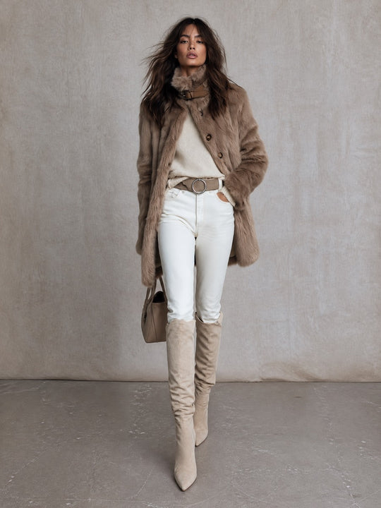 Women's Faux Fur Belted Collar Longline Coat