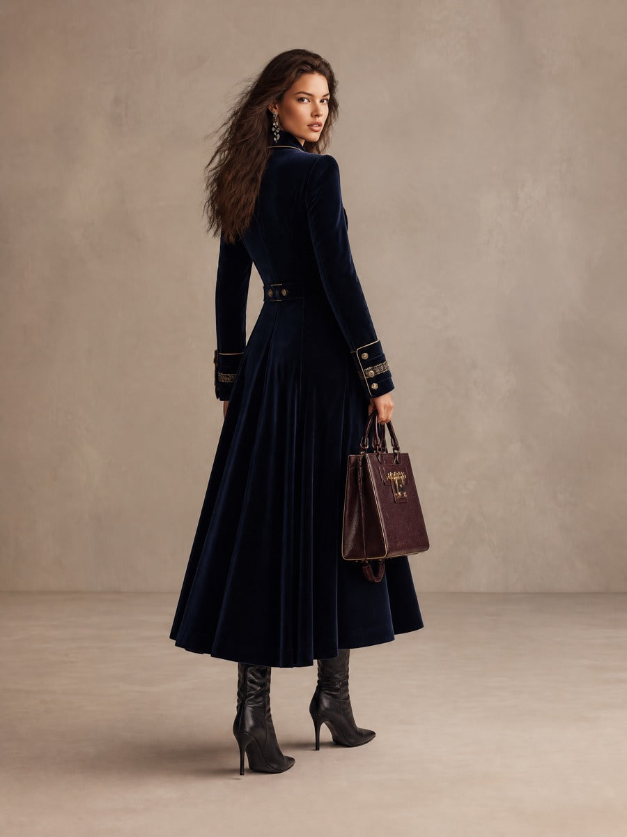 Navy Velvet Cuff Embroidery Double-Breasted Long Coat With Gold Piping