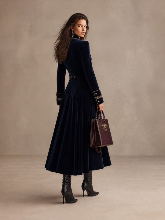 Navy Velvet Cuff Embroidery Double-Breasted Long Coat With Gold Piping
