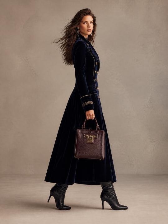 Navy Velvet Cuff Embroidery Double-Breasted Long Coat With Gold Piping