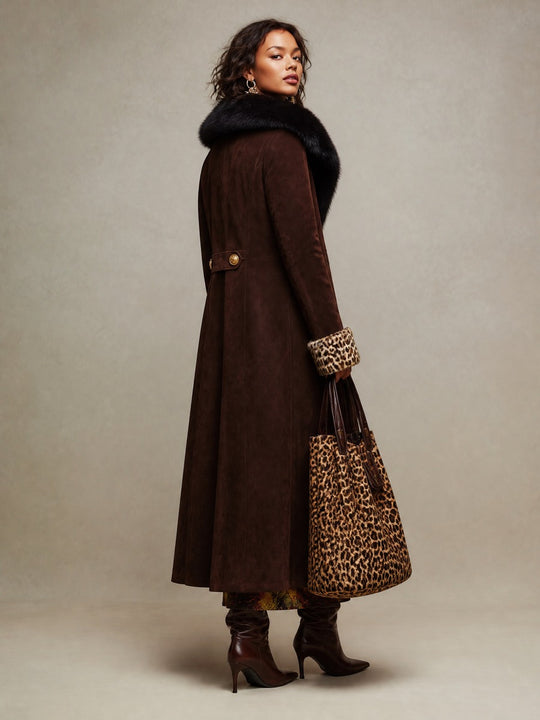 Faux Suede Longline Coat with Faux Fur Collar & Leopard Cuffs