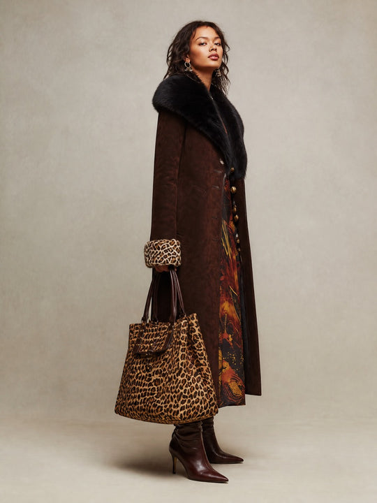 Faux Suede Longline Coat with Faux Fur Collar & Leopard Cuffs