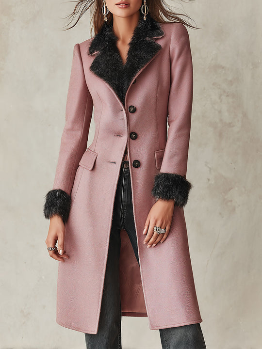 Vintage-style Slim-fit Mid-length Wool-blend Coat With Plush Trim