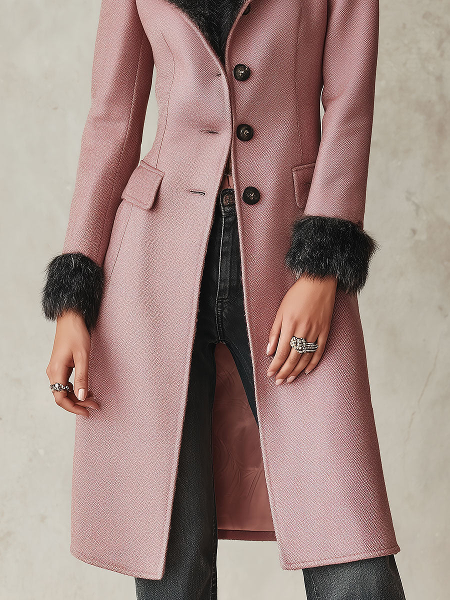 Vintage-style Slim-fit Mid-length Wool-blend Coat With Plush Trim