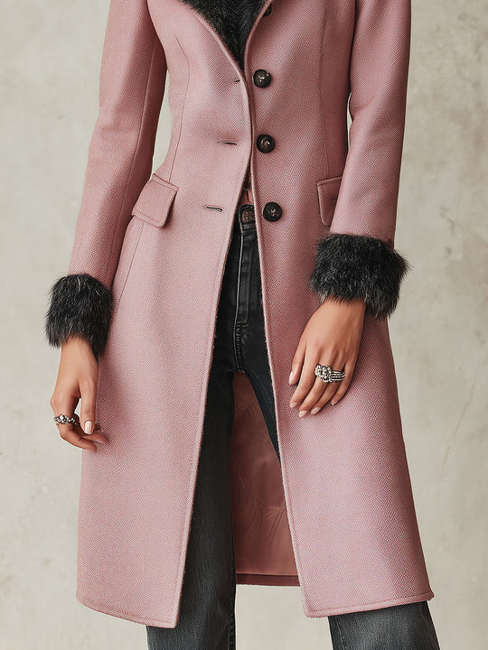 Vintage-style Slim-fit Mid-length Wool-blend Coat With Plush Trim
