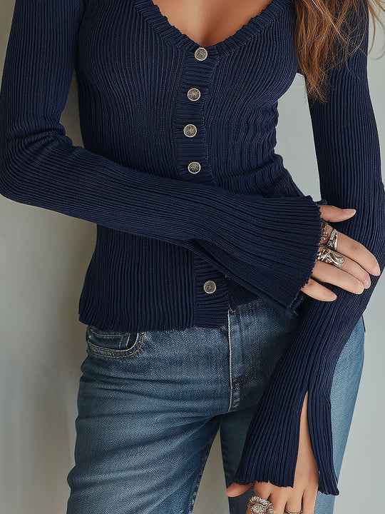 Retro Single-breasted Ribbed Knit Slim-fit Sweater With Flared Sleeves