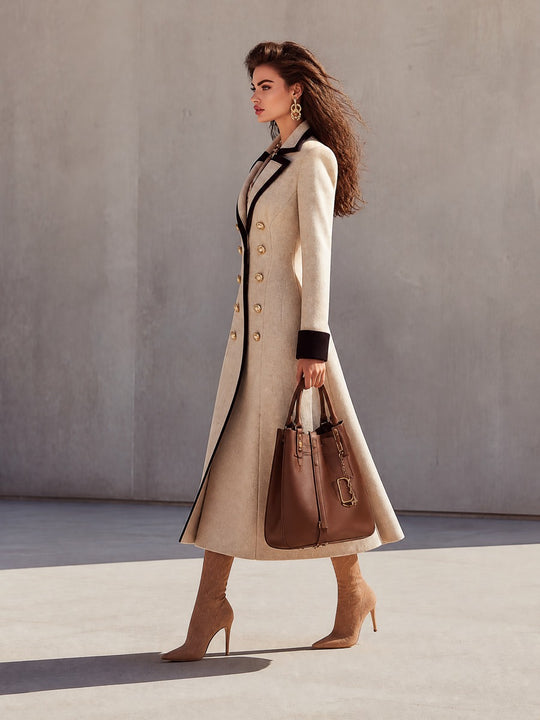 Elegant Double-Breasted Long Coat With Contrast Trim And Gold Buttons