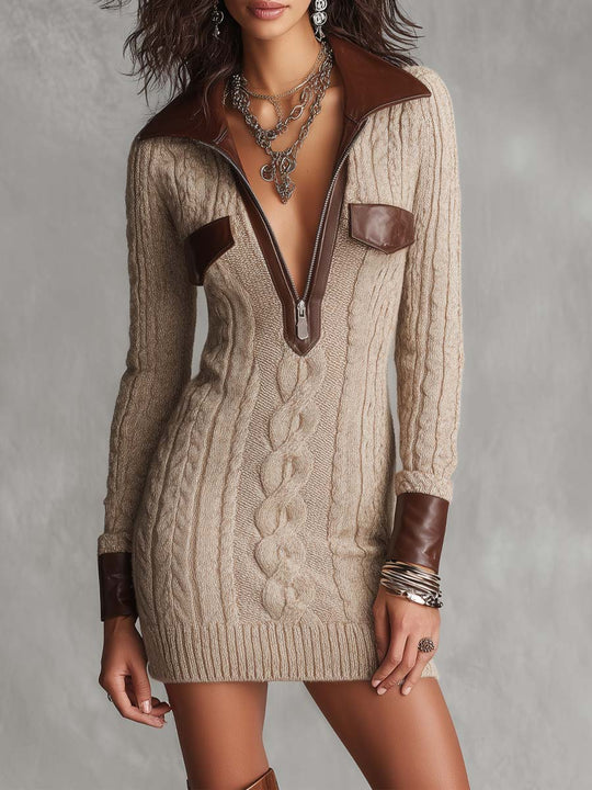 Vintage Cable Knit Zip-Up Sweater Dress with Faux Leather Trim