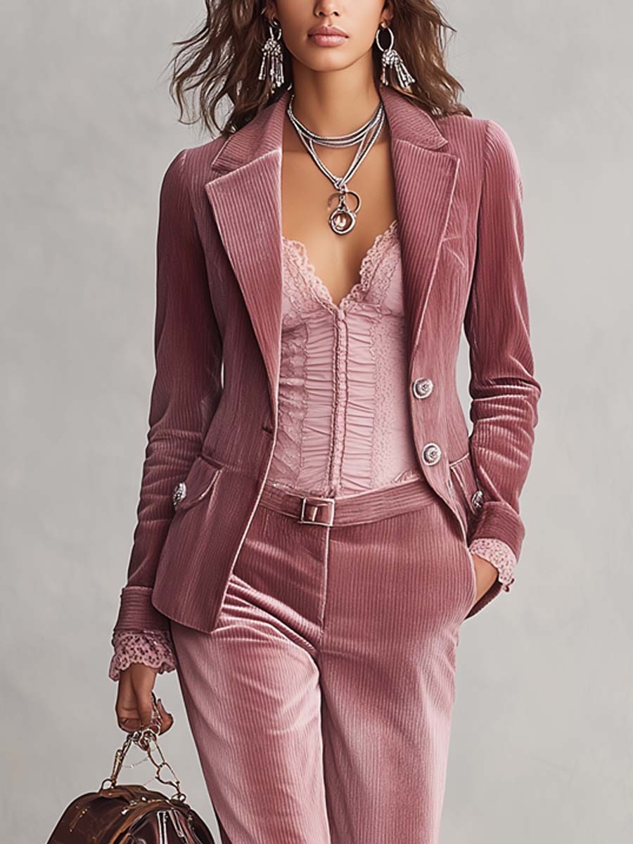 Vintage Lace Trim Corduroy Two-piece Set