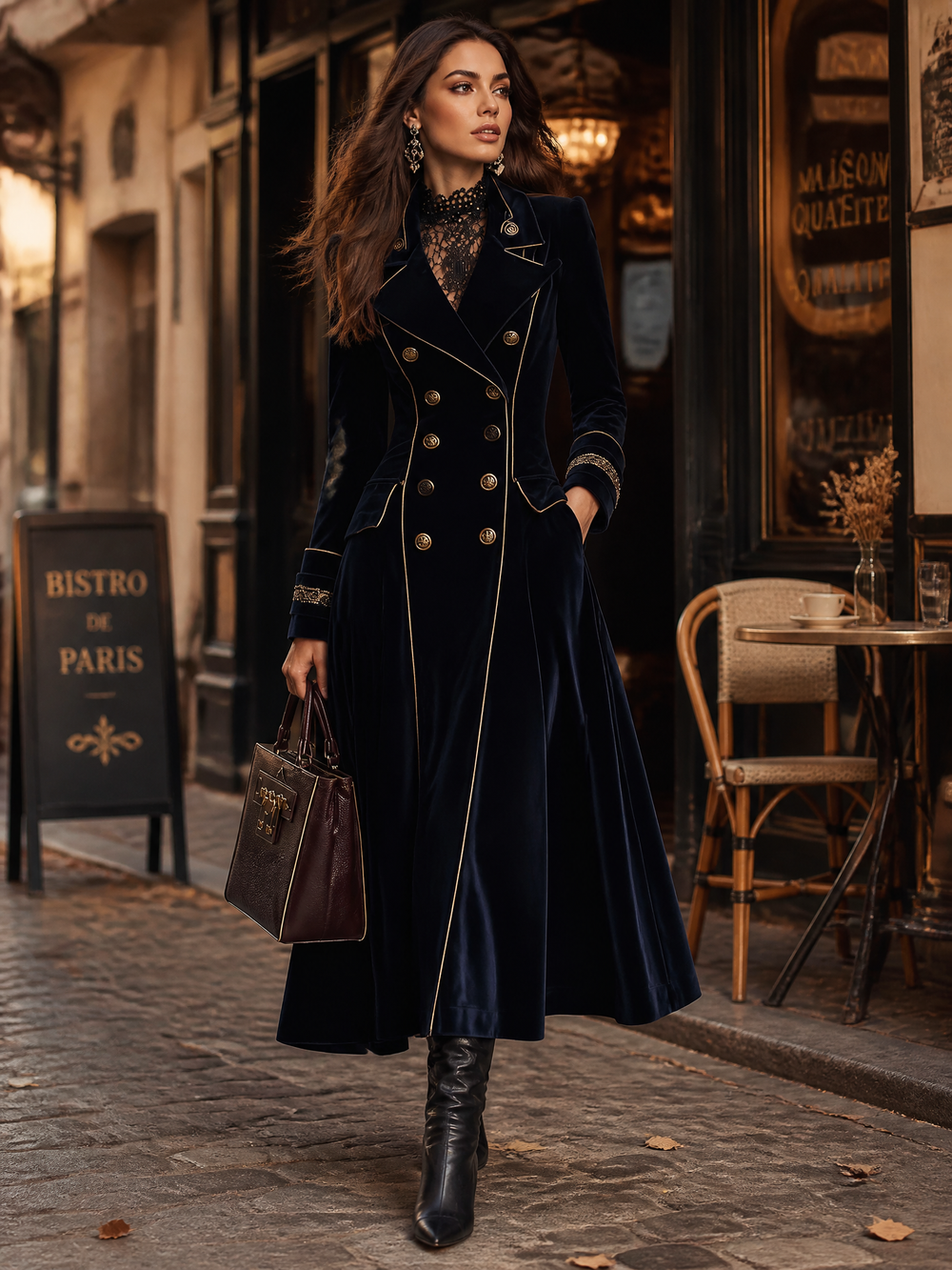 Navy Velvet Cuff Embroidery Double-Breasted Long Coat With Gold Piping