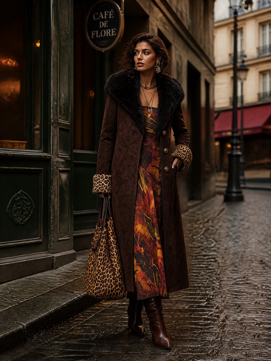 Faux Suede Longline Coat with Faux Fur Collar & Leopard Cuffs