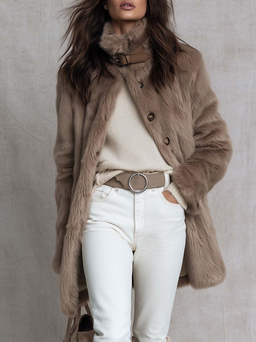 Women's Faux Fur Belted Collar Longline Coat
