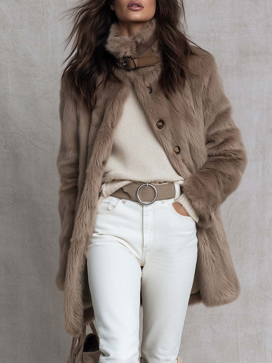 Women's Faux Fur Belted Collar Longline Coat