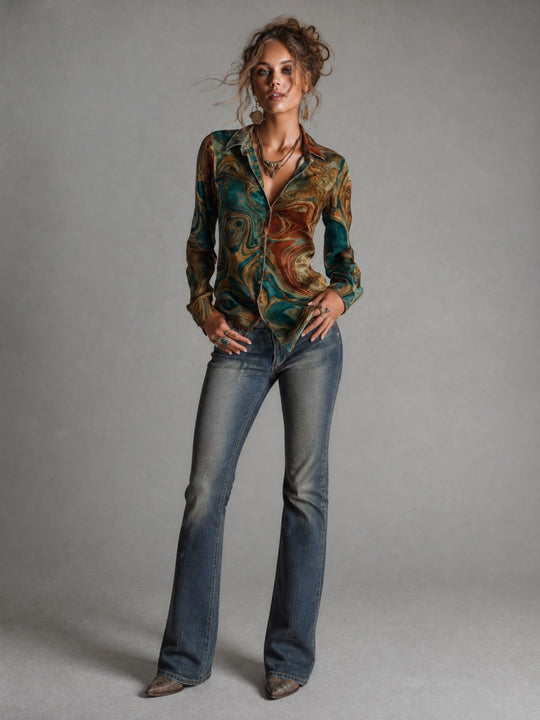 Vintage Marble Print Long Sleeve Button-Up Velvet Blouse