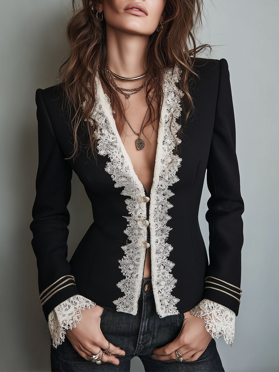 Quiet Luxury Single-breasted Slim-fit Blazer With Lace Trim