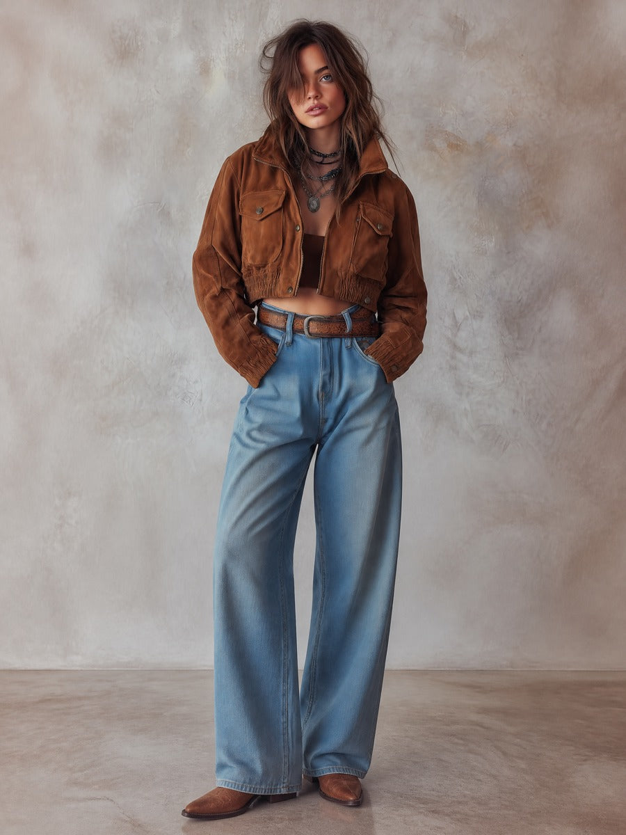 Women's Snap Pockets Cropped Polyester Suede Jacket