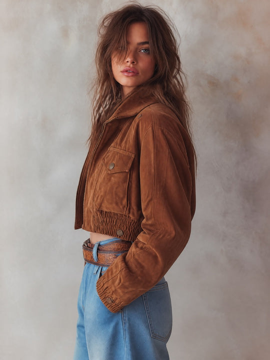 Women's Snap Pockets Cropped Polyester Suede Jacket