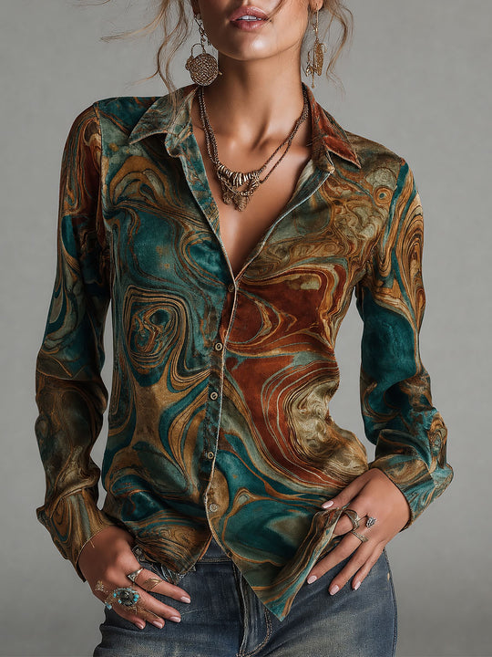 Vintage Marble Print Long Sleeve Button-Up Velvet Blouse