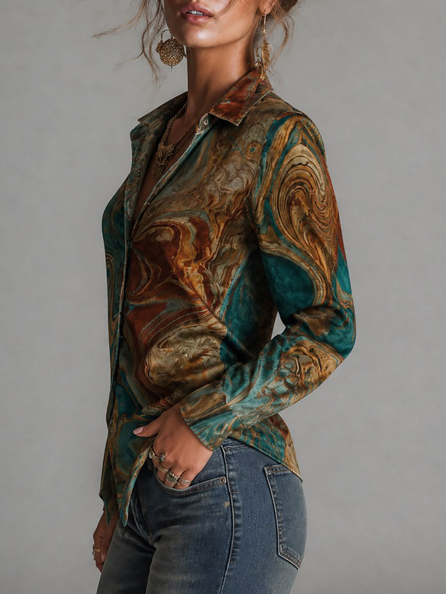 Vintage Marble Print Long Sleeve Button-Up Velvet Blouse