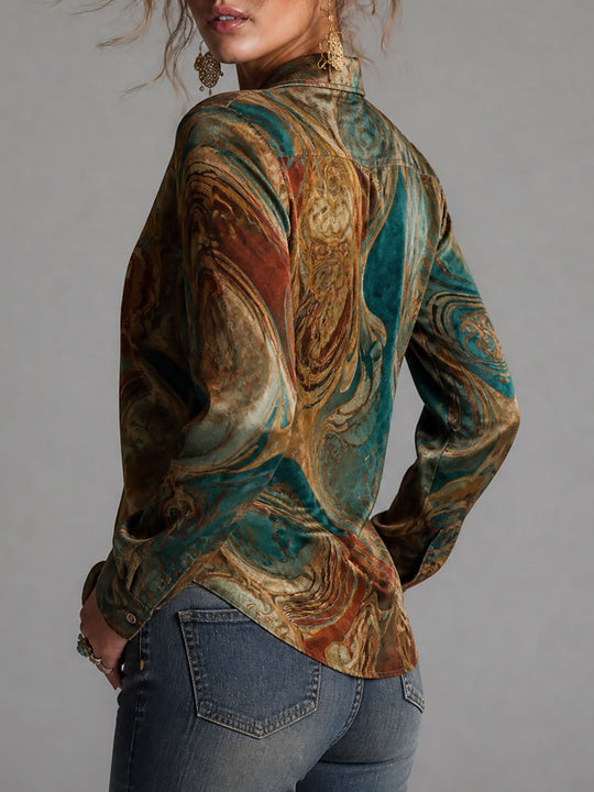 Vintage Marble Print Long Sleeve Button-Up Velvet Blouse