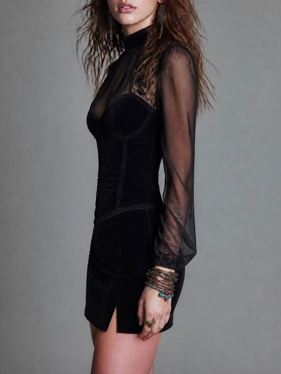 Retro Long Sleeve Lace Bustier Side-slit Hem Suede Mini Dress
